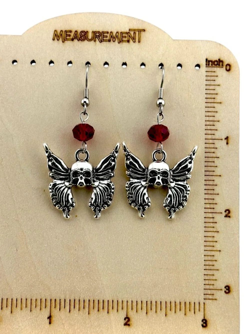 Winged Skull Earrings Red Crystal Gothic Halloween Silver Tone Dangle